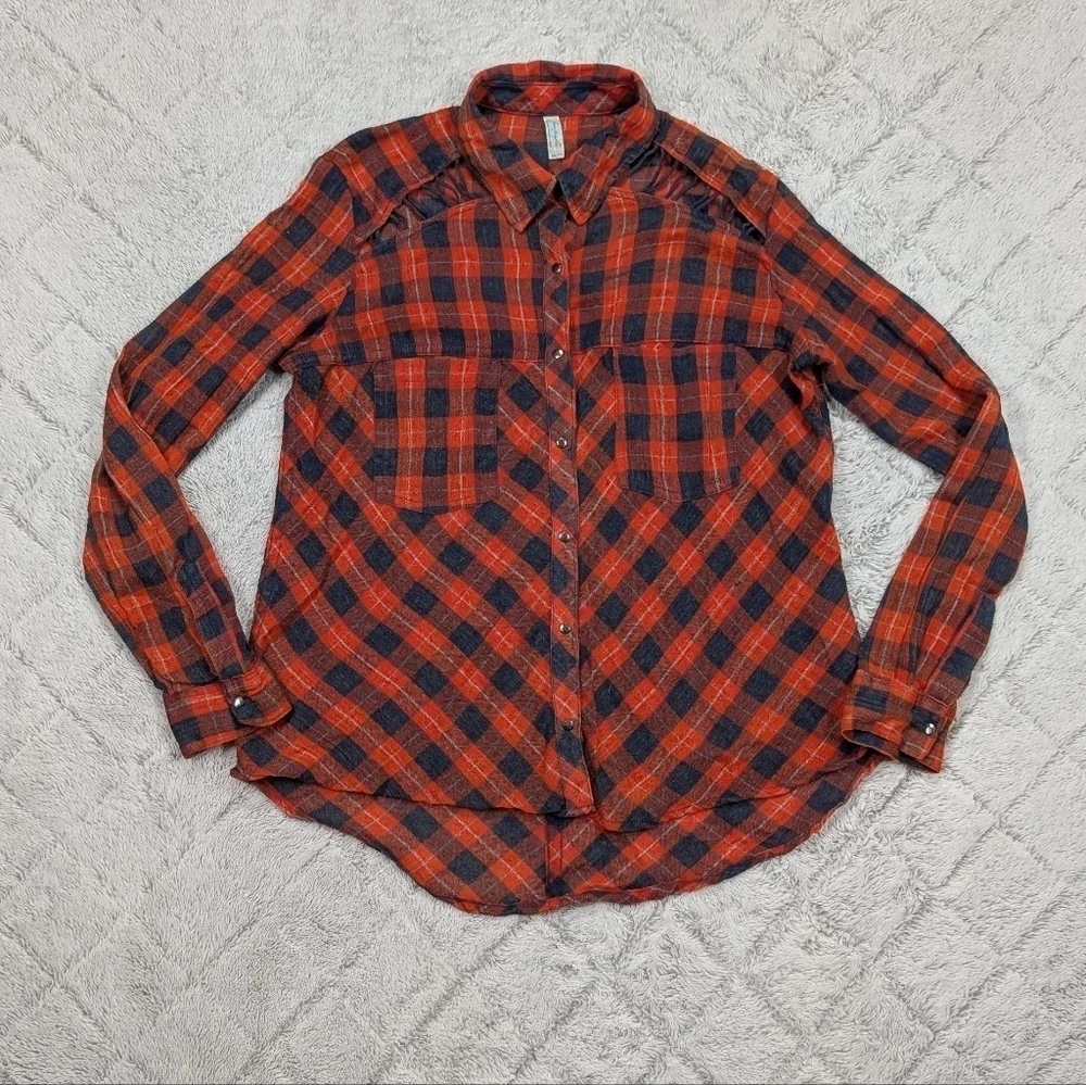 Free People Shirt Womens XS Orange Blue Plaid Lace Accent Snap Up Oversize Boho